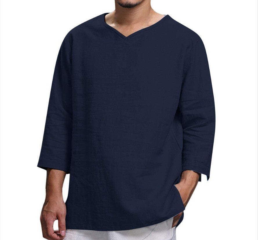 Loose Casual V-neck Top Cotton And Linen Long Sleeve Shirt Mens Clothing