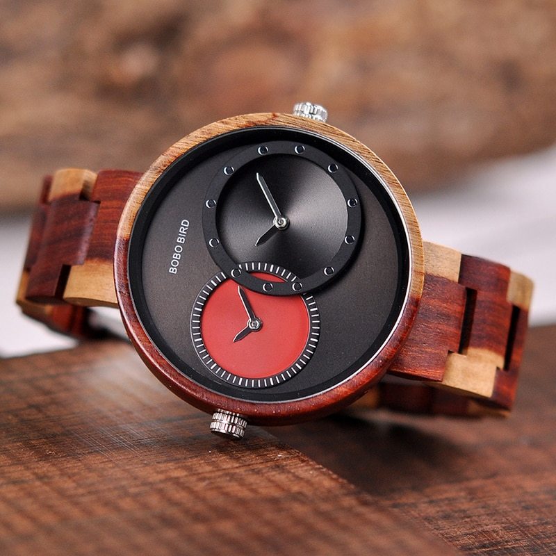 BOBO BIRD Thin Men Watch Original Wood Watches 2 Time Zone Display Qua