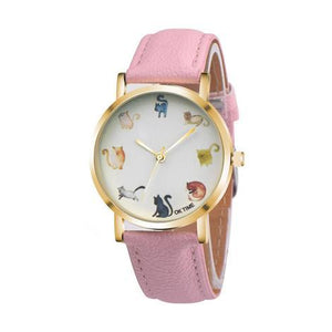 Cats Cute Watch Women PU Leather Round Dial Students Fashion Wristwatc