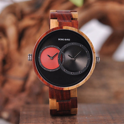 BOBO BIRD Thin Men Watch Original Wood Watches 2 Time Zone Display Qua