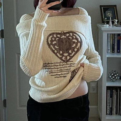 American Retro Off-shoulder Heart Printing Sweater