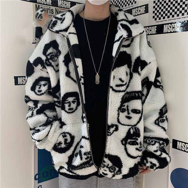 WAKUTA Winter Wool Coat Female Street Wear Chic Cute Funny Print Coats and Jackets Casual Loose Winter Clothes for Women