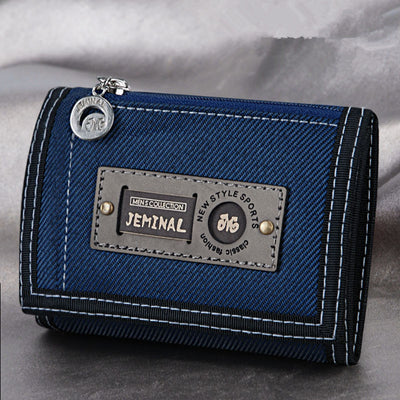 Men'S Canvas Short Three-Fold Simple Small Wallet Student Zipper Change Boy Child Multifunctional Folding Cloth Wallet