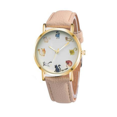 Cats Cute Watch Women PU Leather Round Dial Students Fashion Wristwatc