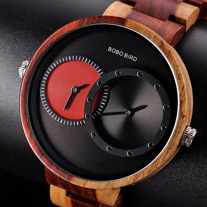 BOBO BIRD Thin Men Watch Original Wood Watches 2 Time Zone Display Qua