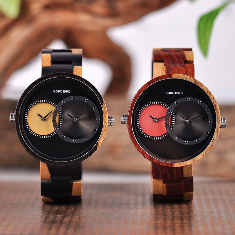 BOBO BIRD Thin Men Watch Original Wood Watches 2 Time Zone Display Qua