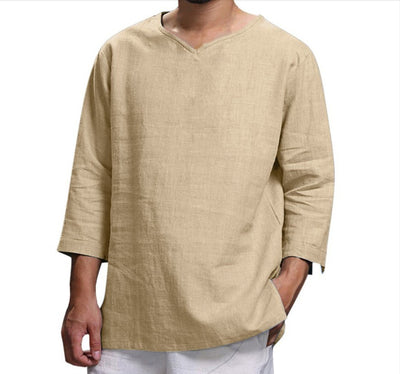 Loose Casual V-neck Top Cotton And Linen Long Sleeve Shirt Mens Clothing