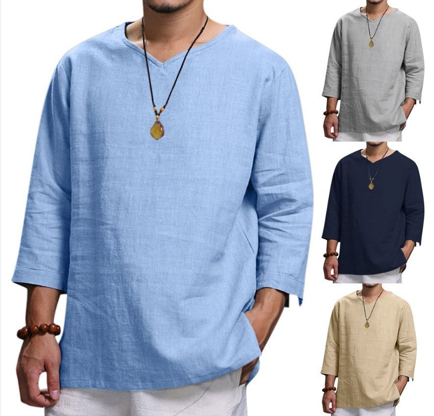 Loose Casual V-neck Top Cotton And Linen Long Sleeve Shirt Mens Clothing