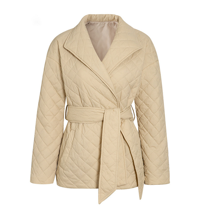 New Warm Short Cotton Padded Parkas Woman Belted Lapel Coats