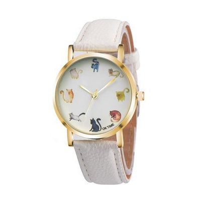 Cats Cute Watch Women PU Leather Round Dial Students Fashion Wristwatc