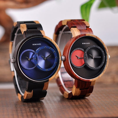 BOBO BIRD Thin Men Watch Original Wood Watches 2 Time Zone Display Qua