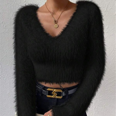 Autumn And Winter New Solid Color And V-neck Slim Fit All-match Plush Short Women's Sweater