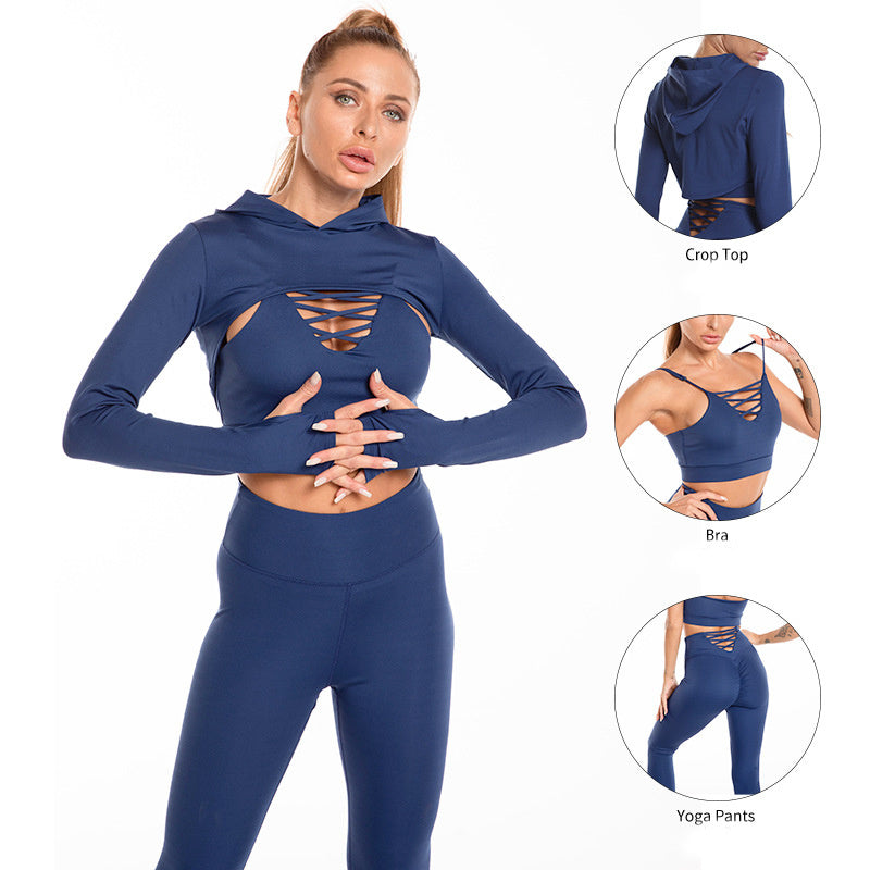 3pcs Sports Suits Long Sleeve Hooded Top Hollow Design Camisole