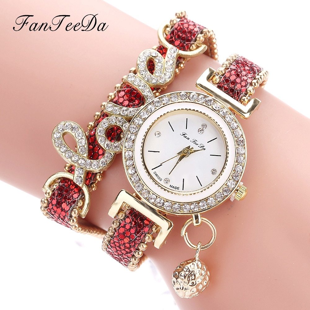 fanteeda brand women bracelet watches ladies watch rhinestones clock w