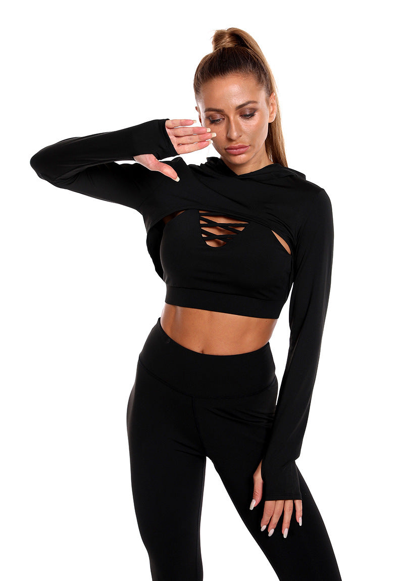 3pcs Sports Suits Long Sleeve Hooded Top Hollow Design Camisole