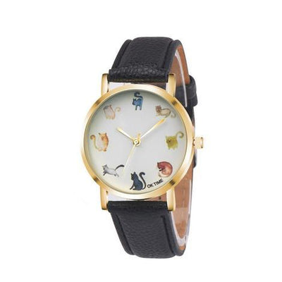 Cats Cute Watch Women PU Leather Round Dial Students Fashion Wristwatc