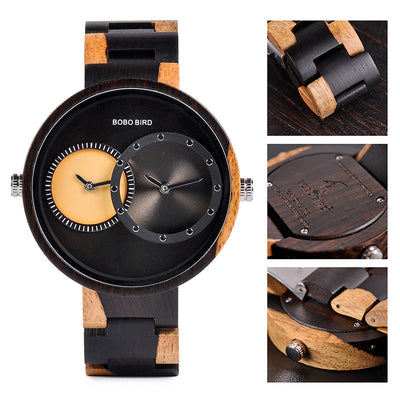 BOBO BIRD Thin Men Watch Original Wood Watches 2 Time Zone Display Qua