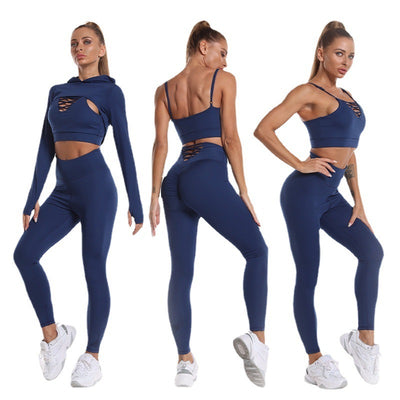 3pcs Sports Suits Long Sleeve Hooded Top Hollow Design Camisole