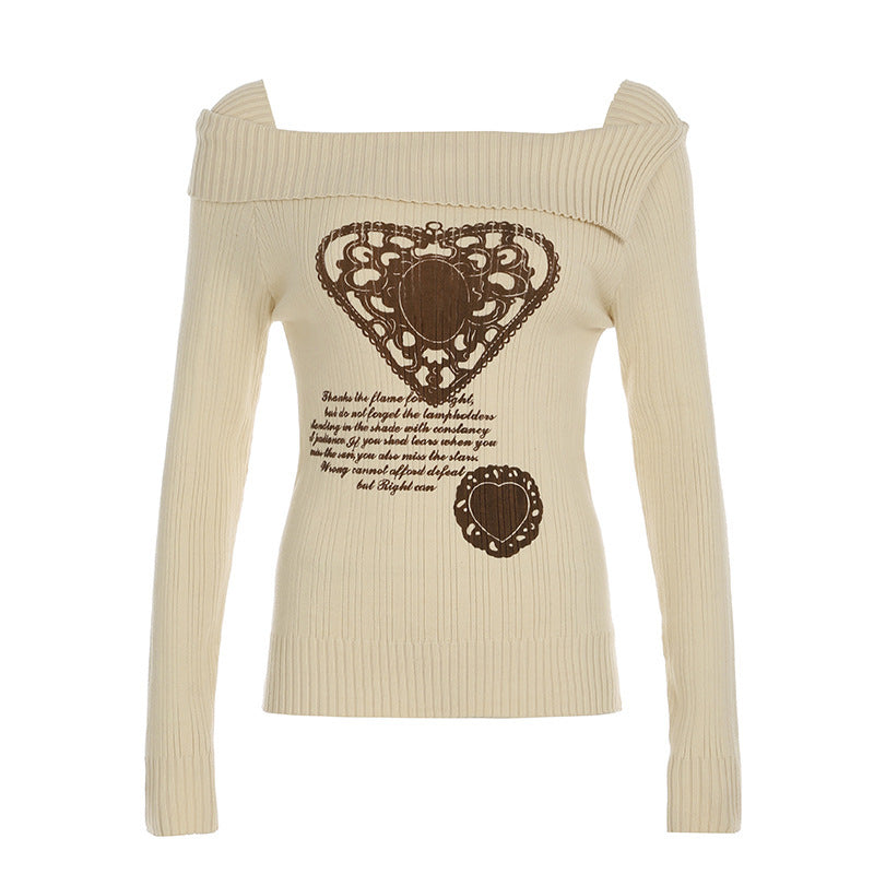 American Retro Off-shoulder Heart Printing Sweater