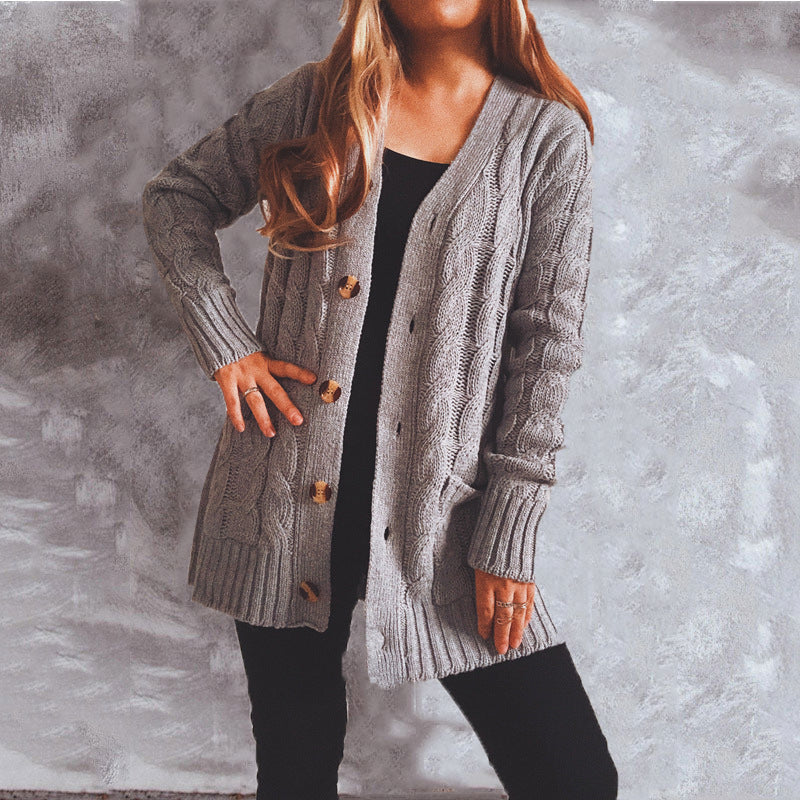 Single-breasted Coarse Twist Pocket Long-sleeved Knitted Sweater