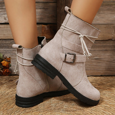 Round Toe Buckle Shoes Casual Retro Boots With Side Zipper Low Heel Outdoor Non Slip Ankle Boots For Women