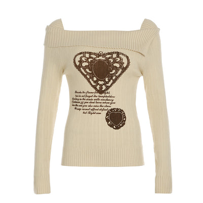 American Retro Off-shoulder Heart Printing Sweater