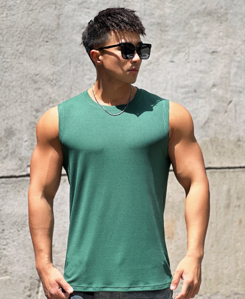 Summer Workout Vest Exercise Sleeveless Round Neck Striped Quick-drying Breathable Basketball Running Training Clothing Men