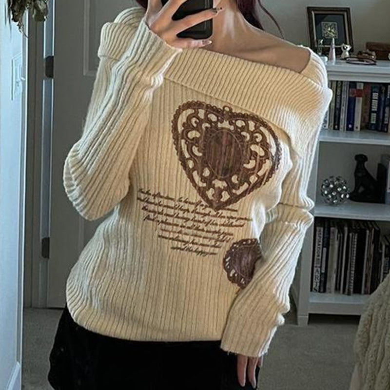 American Retro Off-shoulder Heart Printing Sweater