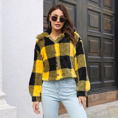 Plaid Double Sided Velvet Jacket For Women Lantern Sleeve Loose Short Coat Autumn And Winter Plush Clothing