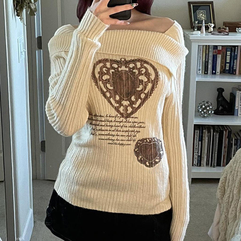 American Retro Off-shoulder Heart Printing Sweater