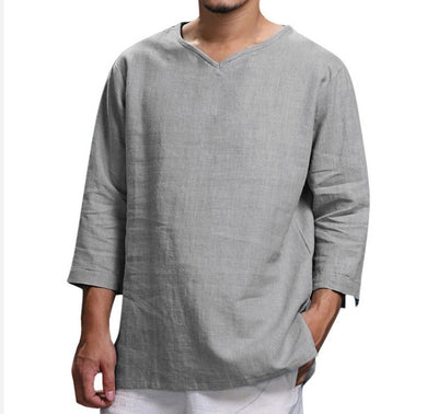 Loose Casual V-neck Top Cotton And Linen Long Sleeve Shirt Mens Clothing