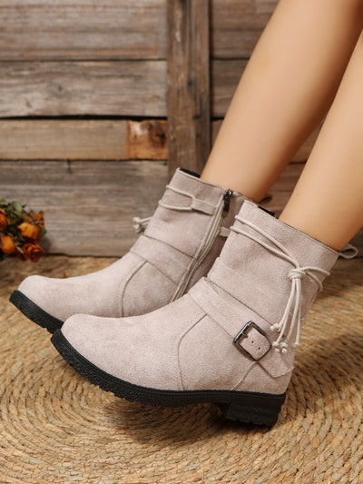 Round Toe Buckle Shoes Casual Retro Boots With Side Zipper Low Heel Outdoor Non Slip Ankle Boots For Women