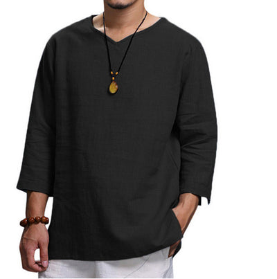 Loose Casual V-neck Top Cotton And Linen Long Sleeve Shirt Mens Clothing